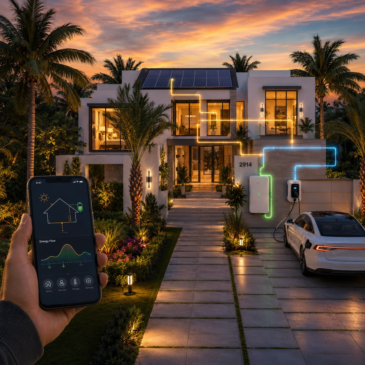 Luxury residence supported by integrated backup power, energy controls and reliable electrical infrastructure.