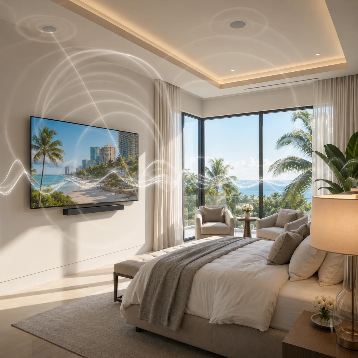 Luxury residence with distributed audio and video integrated into everyday living.