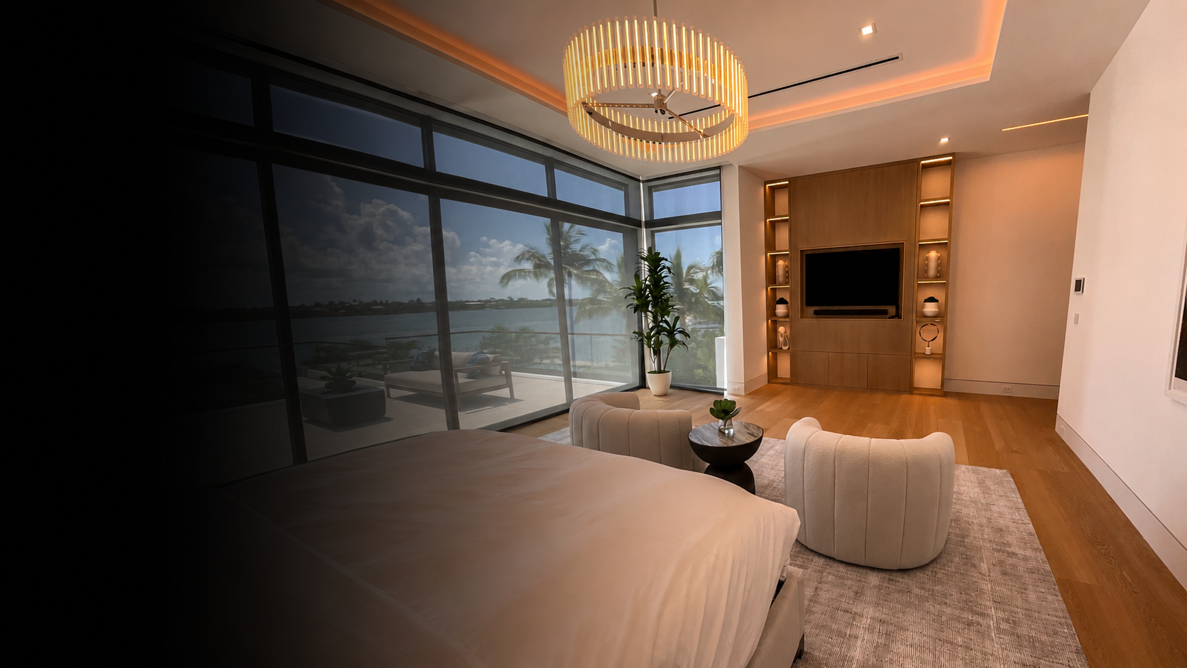 Full-width architectural residence scene where lighting shapes atmosphere and everyday experience.