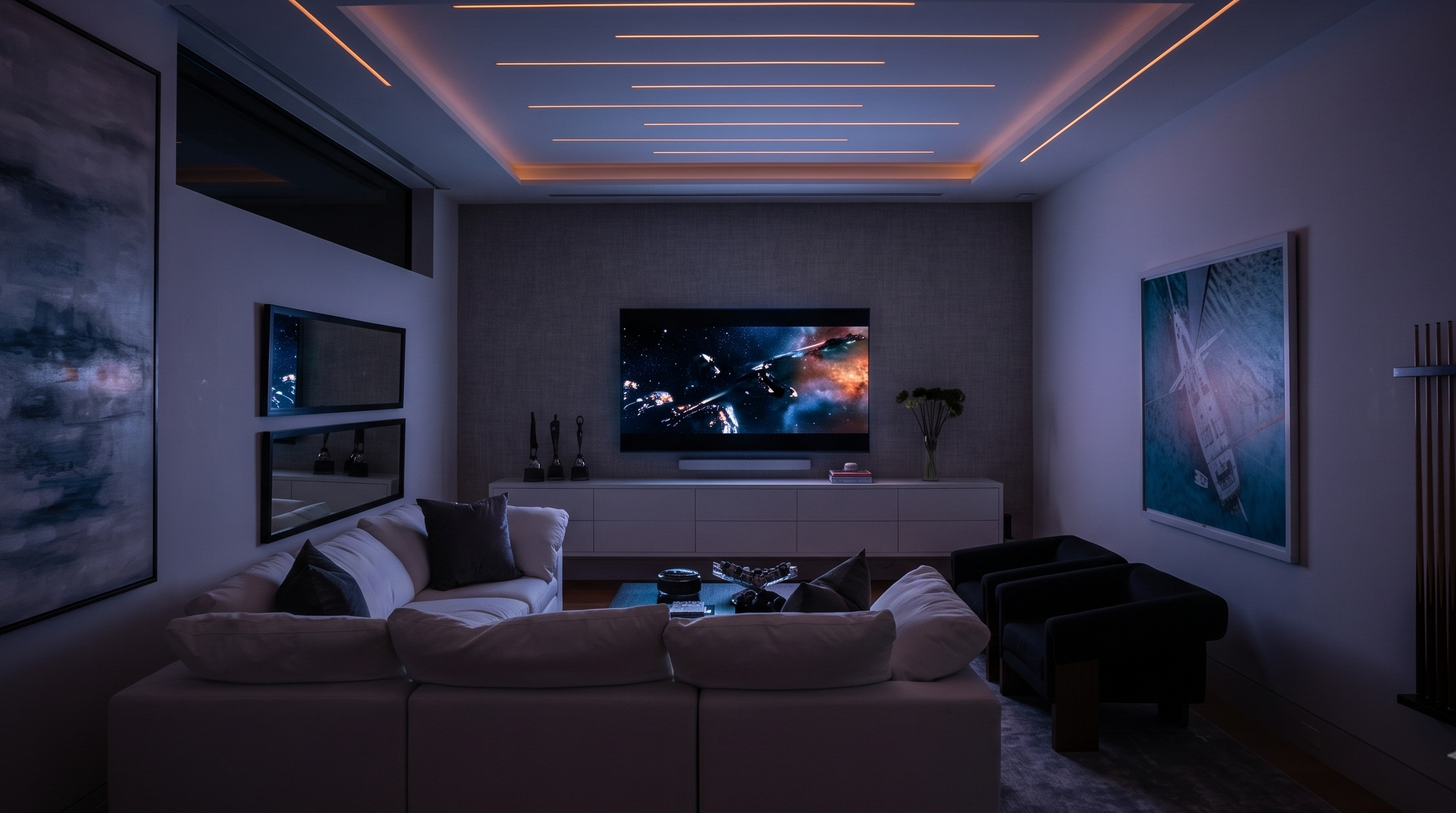 Luxury home theater with cinematic lighting and custom seating.