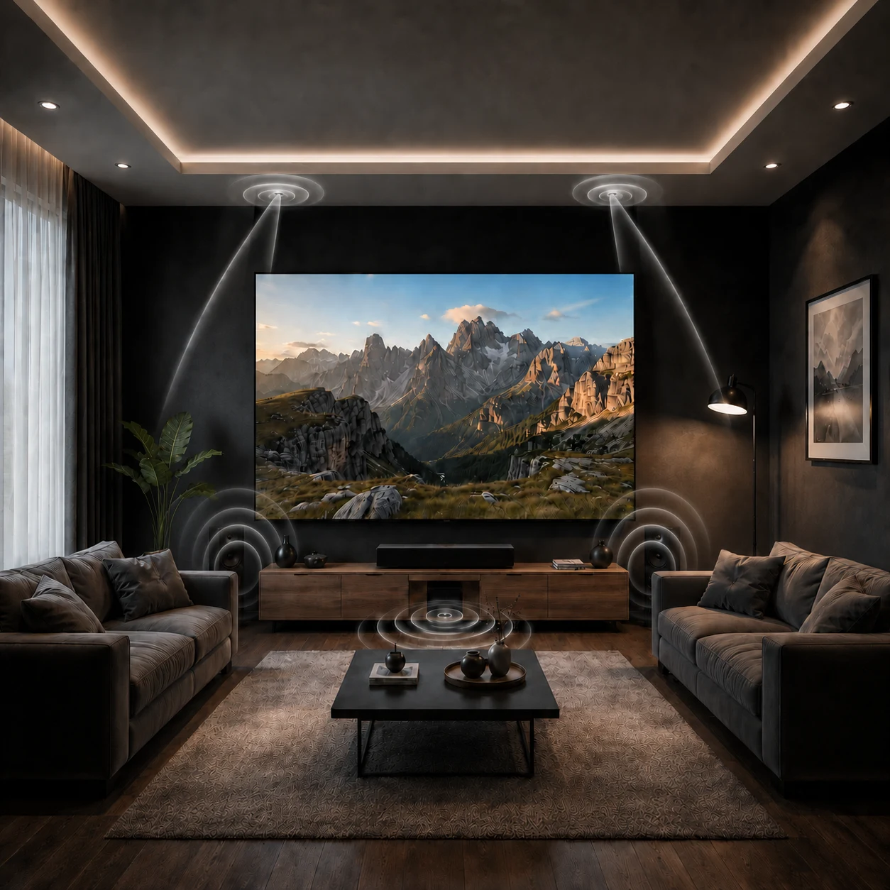 Refined media room with integrated display, concealed technology, and a warm residential atmosphere.