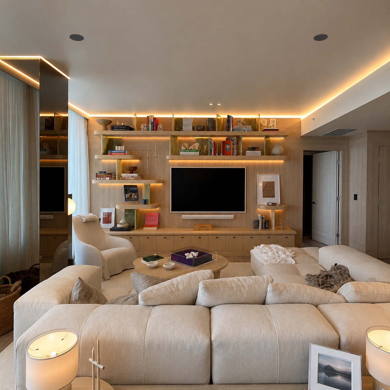 Elegant media room designed for immersive entertainment, streaming and everyday viewing.