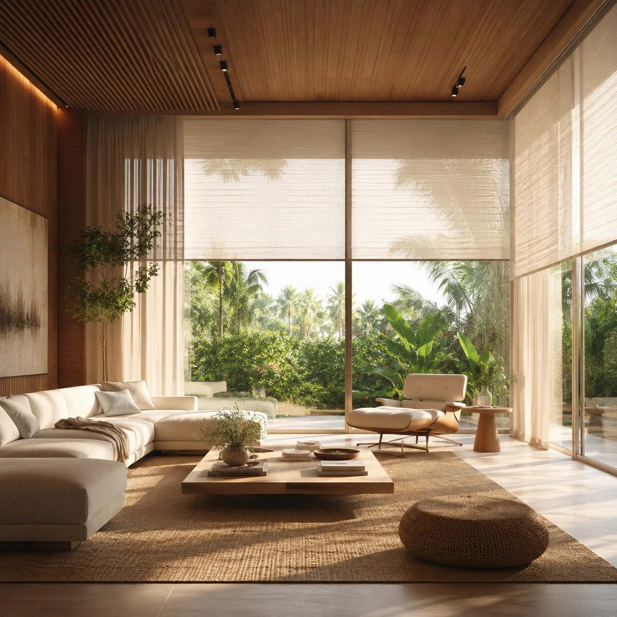 Architectural interior shaped by filtered daylight, privacy, and integrated motorized shading.