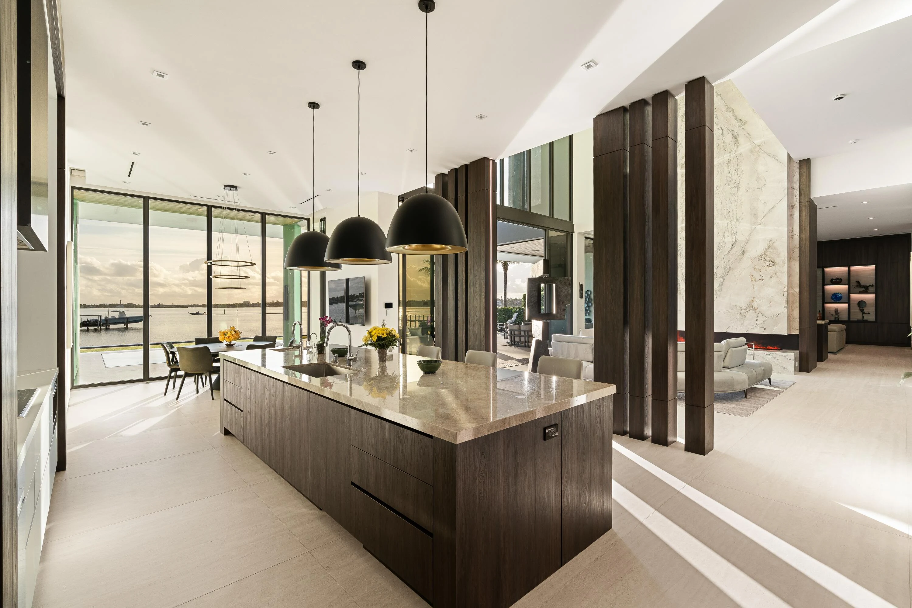 Architectural exterior with refined electrical integration and warm evening illumination.