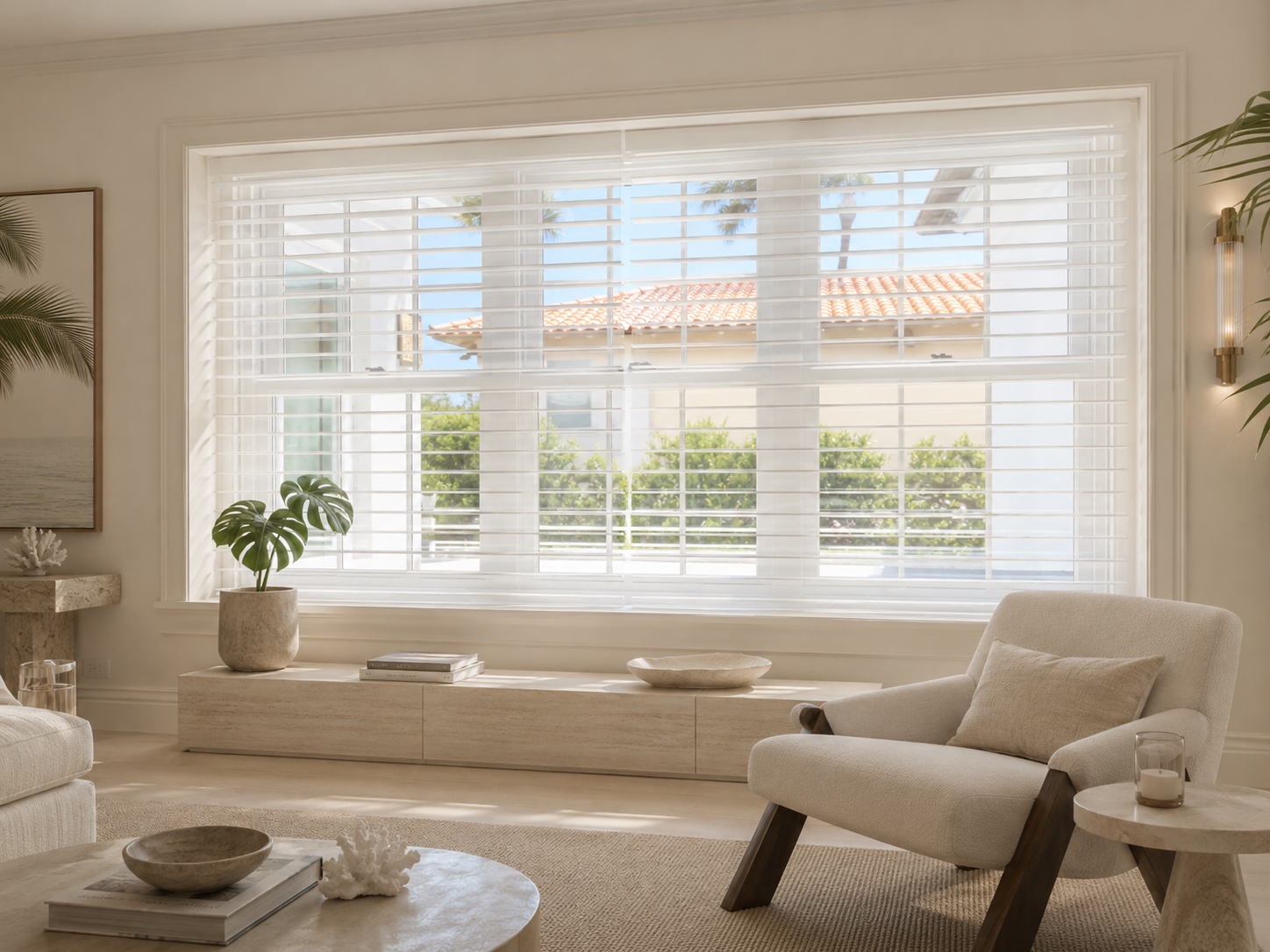 Motorized shades integrated into refined residential architecture with controlled natural light.