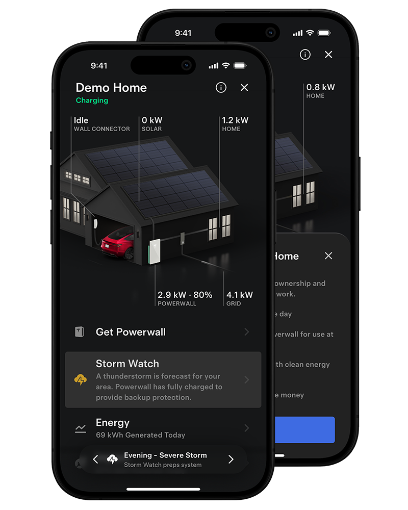 Tesla app screens showing home energy flow, Powerwall status and Storm Watch controls.